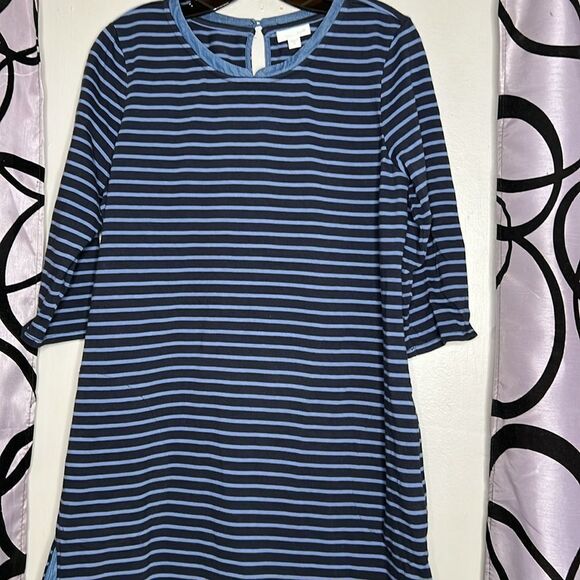 J.Jill Womens Blue Stripe Tencel Collar Hem 3/4 Sleeve Dress Size Medium - Picture 3 of 9